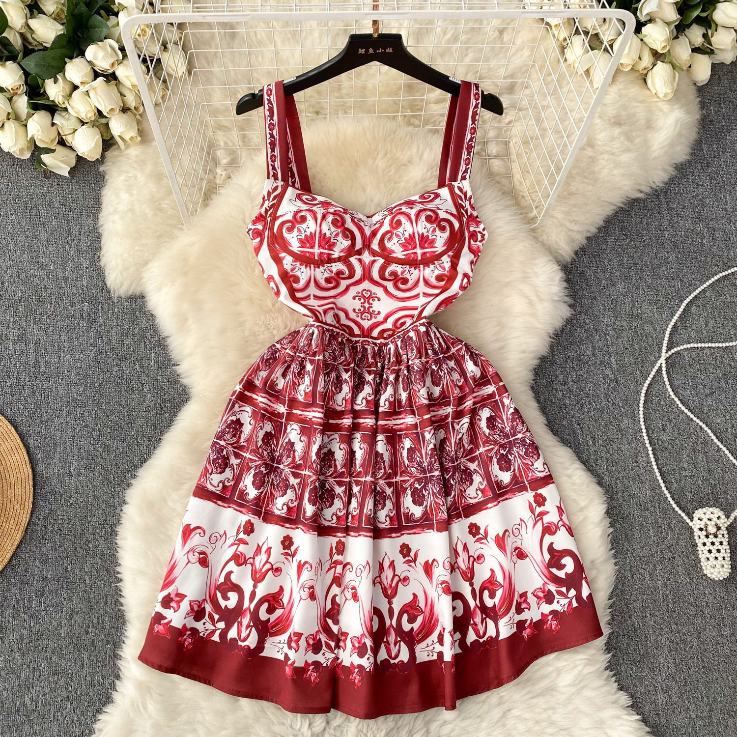 dress basic casual dresses summer holiday porcelain print short dress women vneck spaghetti strap cup padded zipper back mini vestidos designer dress