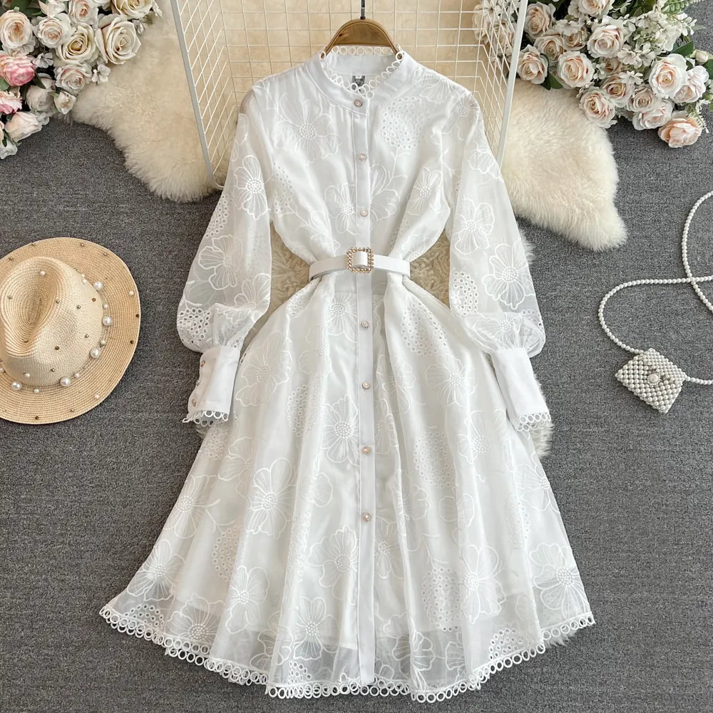 Basic Casual Dresses Beaded Belt Button Hollow Flower Hook Vintage White Black Lace Dress Women Elegant Lantern Sleeve Single Breasted Vestidos 2024