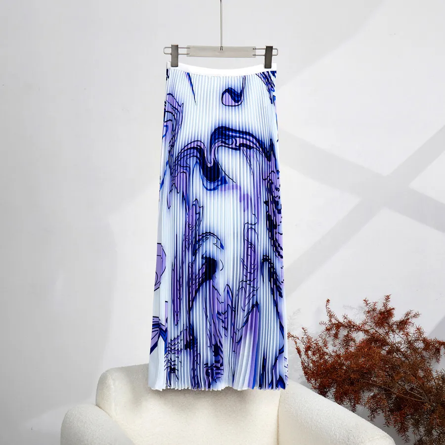 Two Piece Dress Runway Fashion Stretchy Pleated Pullovers Top Pleated Midi Skirts Women 2 Pcs Sets Summer Vintage Print Street Outfits 2024