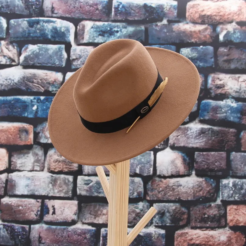 Wide Brim Hats Bucket GEMVIE 100 Wool Felt Hat Cowgirl Fedora For Man Women Striped Feather Band Autumn Winter Panama Jazz Cap 231005