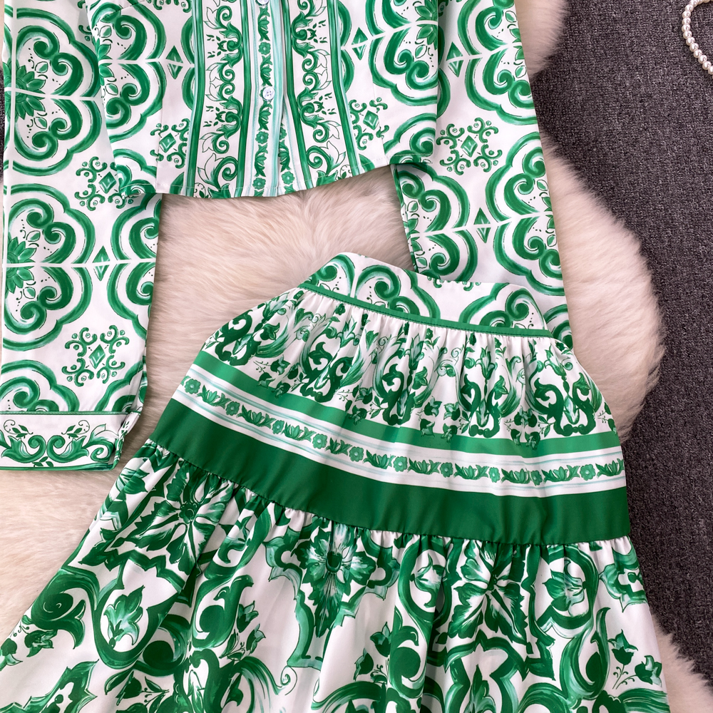 Two Piece Dress Spring Autumn Runway Blue And White Porcelain Print 2 Piece Sets Women Fashion Luxury Print Shirt Top Pleated Mini Skirt Suit 2024