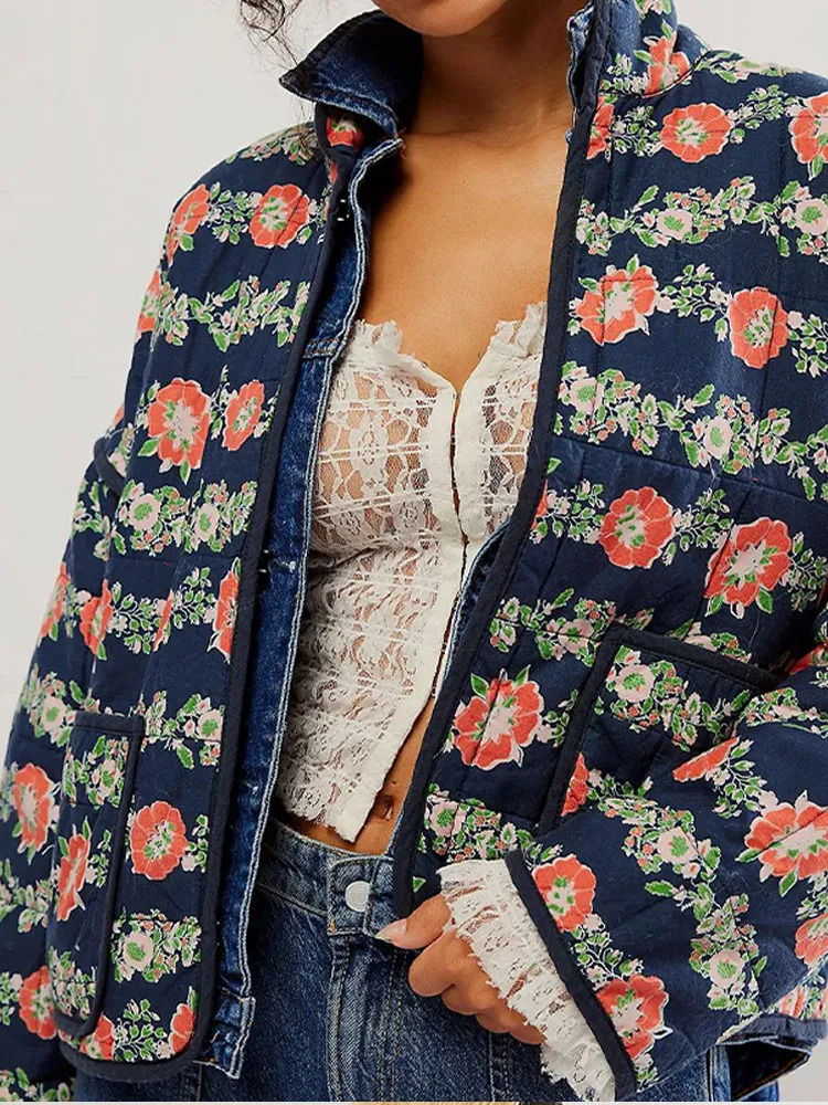 Women s Down Parkas Floral Thick Jacket Women Print Patchwork Warm Pocket Female Cotton Coat 2023 Autumn Winter Fashion Loose Casual Lady Overcoat 231
