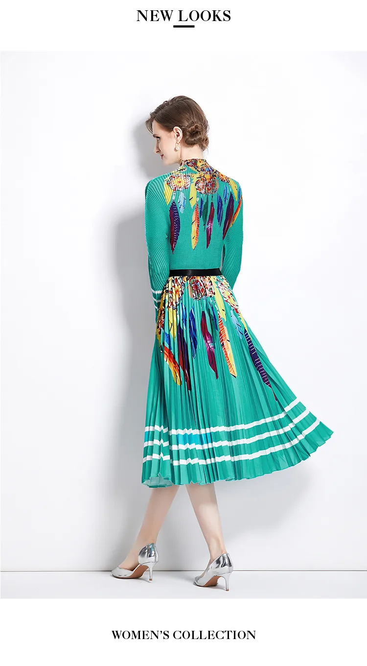 Two Piece Dress Pleated Floral Printed Office Lady Two Piece Set Women Turtleneck T-Shirt High Waist Skirt Suit Runway Autumn Outfits 2024