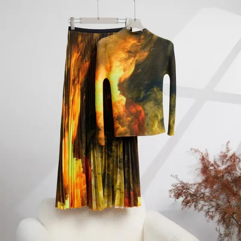 Two Piece Dress Pleated Suit for Women Autumn Gradient Printing Long Sleeve High Neck Top + High Waist Midi Skirt Two Pieces Set 2024