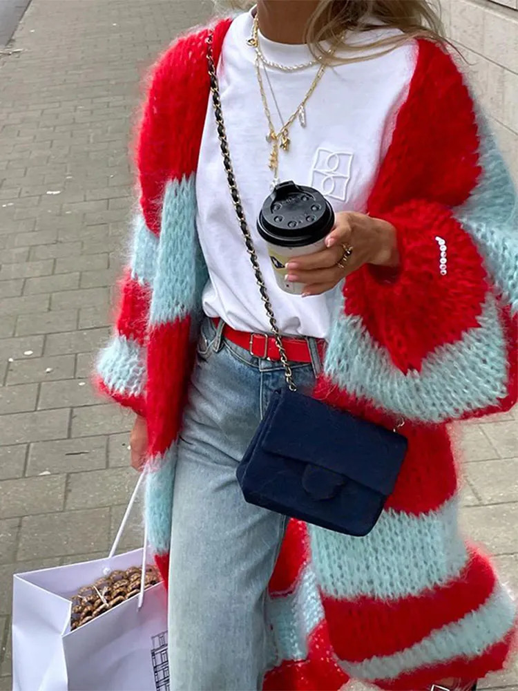 Womens Knits Tees Wome Vintage Striped Crochet Knitted Cardigan Casual Loose Thick Long Lantern Sleeve Sweater Autumn Winter Fashion Street Coat 23100