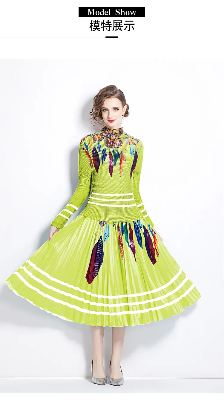 Two Piece Dress Pleated Floral Printed Office Lady Two Piece Set Women Turtleneck T-Shirt High Waist Skirt Suit Runway Autumn Outfits 2024