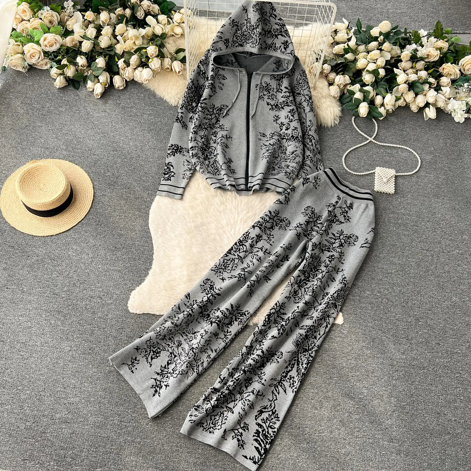 Womens Two Piece Pants Autumn Women Tracksuit Hooded Zipper Knitted Cardigans Sweater High Elastic Waist Wide Leg Trousers Suit 2 Piece Set