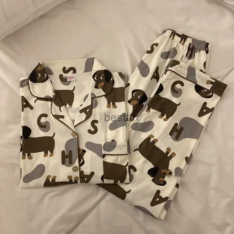 Women's Sleep Lounge Spring Summer 2024 Cute Women's Pajamas Set Dachshund Print Cotton Two Pieces Short Sleeve Tops Full Length Pants Sleep