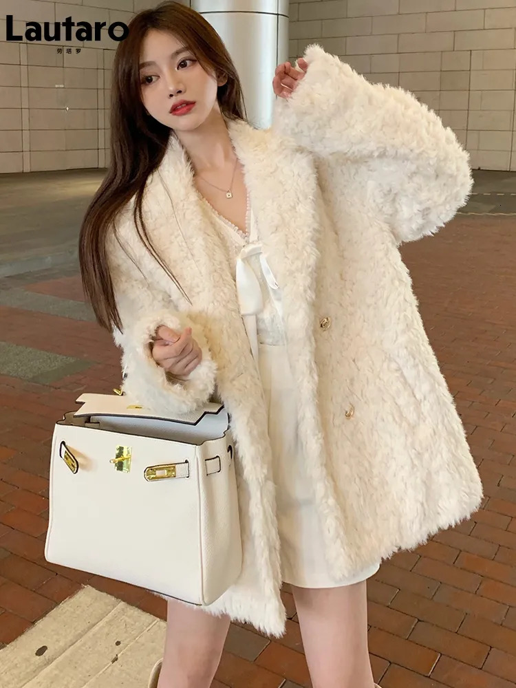 Women's Fur Faux Fur Lautaro Winter Mid Length Warm Thick Soft Fluffy Faux Fur Coat Women Lapel Long Sleeve Loose Casual Korean Style Fashion 231
