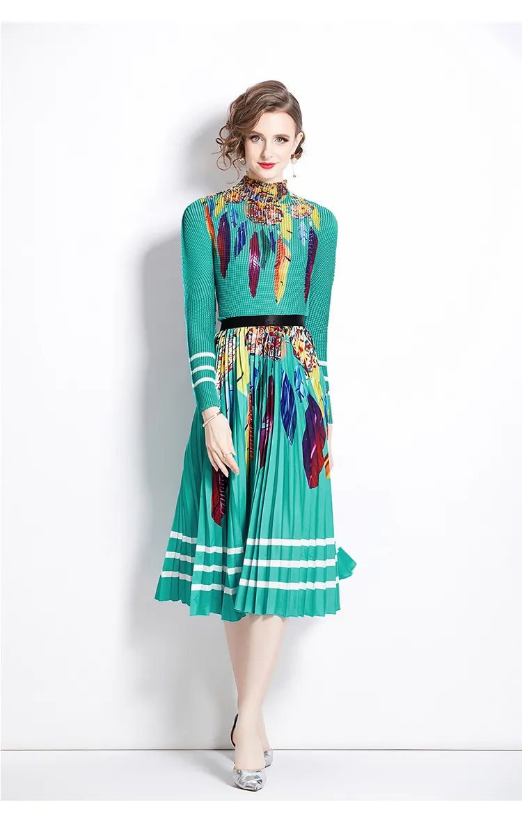 Two Piece Dress Pleated Floral Printed Office Lady Two Piece Set Women Turtleneck T-Shirt High Waist Skirt Suit Runway Autumn Outfits 2024