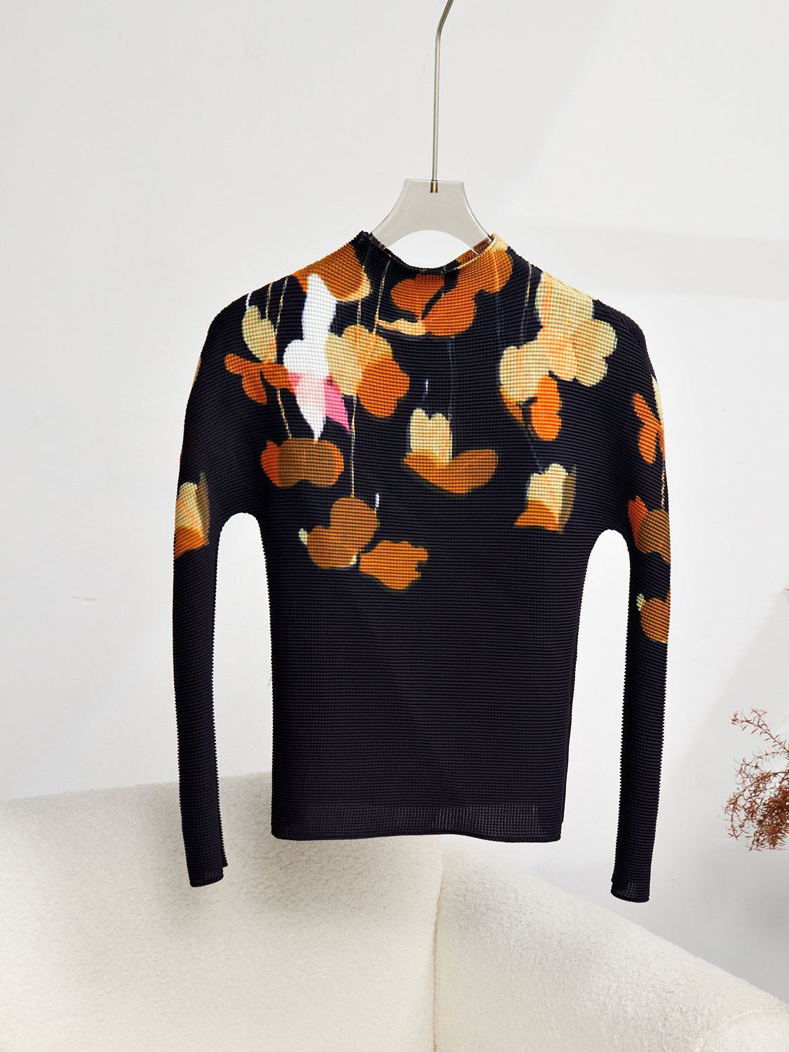 Two Piece Dress Elegant Fashion Printed Pleated 2 Pieces Set For Women Turtleneck Strethy Slim Tops With Elastic High Waist Mid Length Skirts 2024