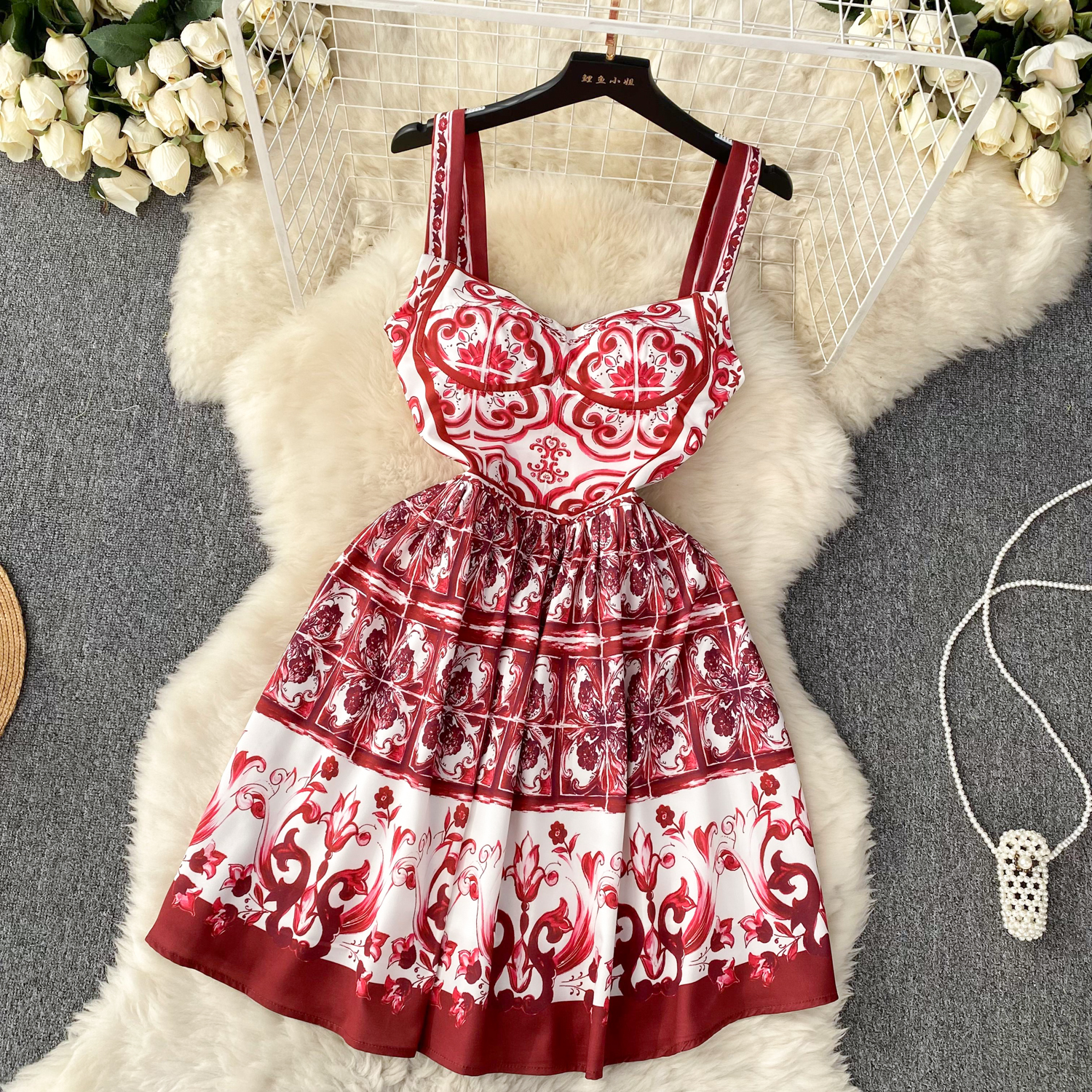dress basic casual dresses summer holiday porcelain print short dress women vneck spaghetti strap cup padded zipper back mini vestidos designer dress