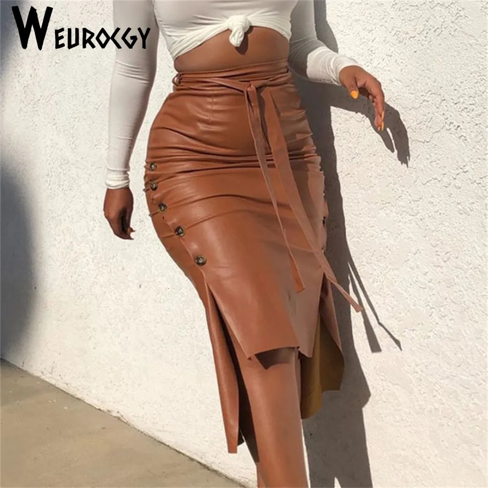 Fashion Women Solid Color High Waist PU Leather Midi Skirt Lace up Side Button Slim Skinny Pencil for Ladies Streetwear 231005