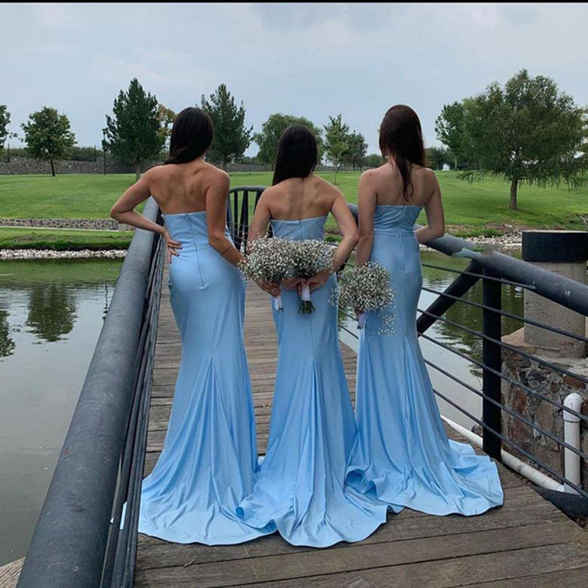 Sky Blue Bridesmaid Dresses Sweetheart Neckline Ruched Pleats Side Slit Sheath Sweep Train Custom Made Plus Size Maid of Honor Dress