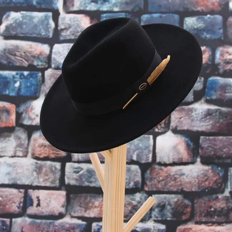 Wide Brim Hats Bucket GEMVIE 100 Wool Felt Hat Cowgirl Fedora For Man Women Striped Feather Band Autumn Winter Panama Jazz Cap 231005