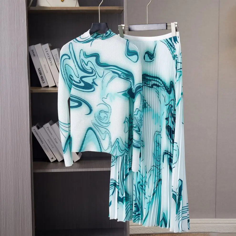 Two Piece Dress Runway Fashion Stretchy Pleated Pullovers Top Pleated Midi Skirts Women 2 Pcs Sets Summer Vintage Print Street Outfits 2024