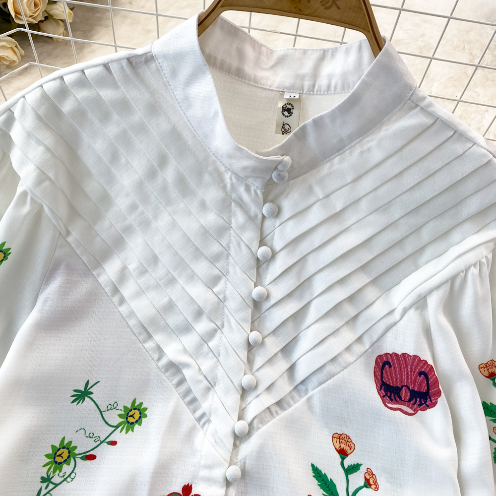 Two Piece Dress Autumn Runway Fashion Shorts Suit Women Stand Collar Puff Sleeve Floral Print Blouse Shirts Vintage Shorts 2 Pieces Set 2024