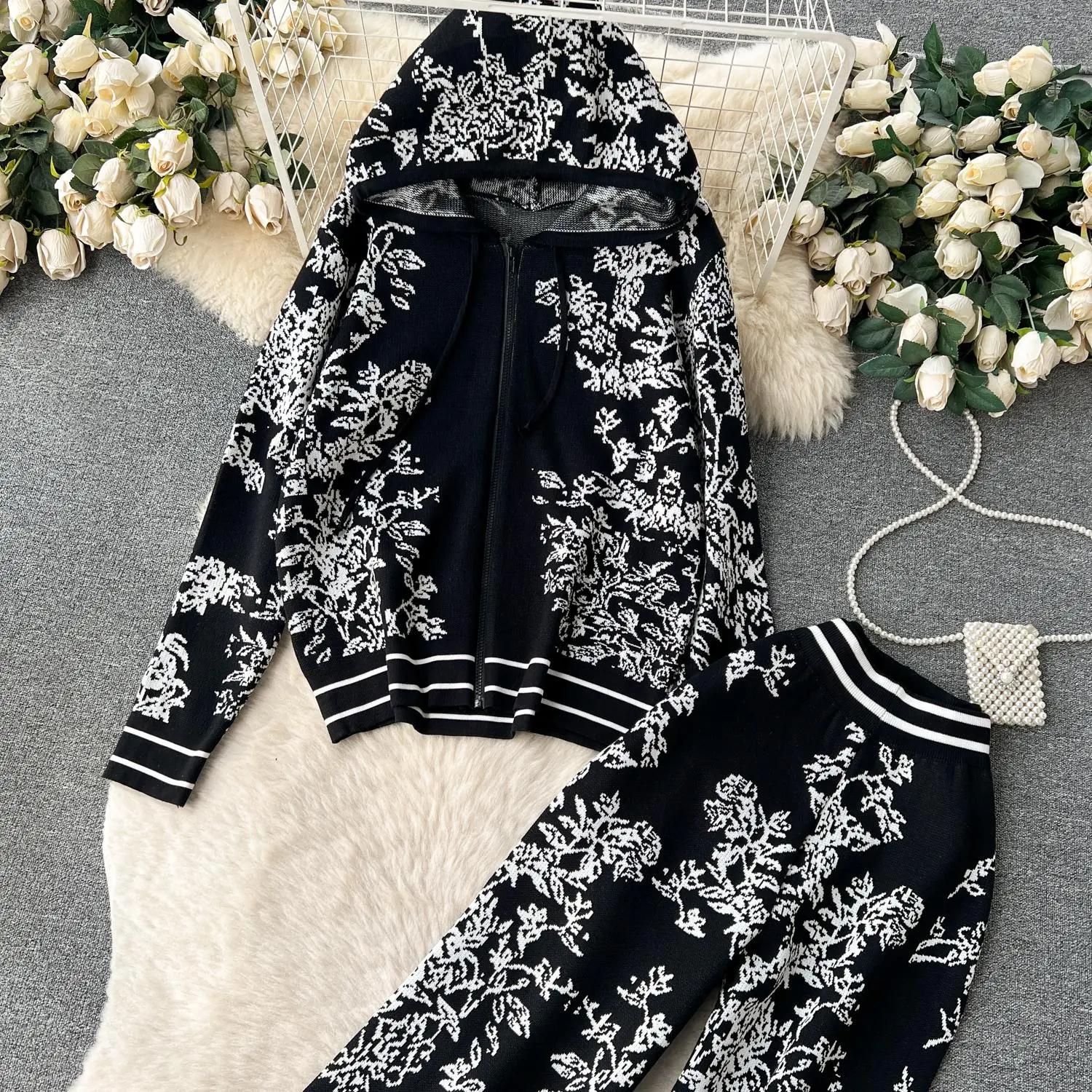 Womens Two Piece Pants Autumn Women Tracksuit Hooded Zipper Knitted Cardigans Sweater High Elastic Waist Wide Leg Trousers Suit 2 Piece Set