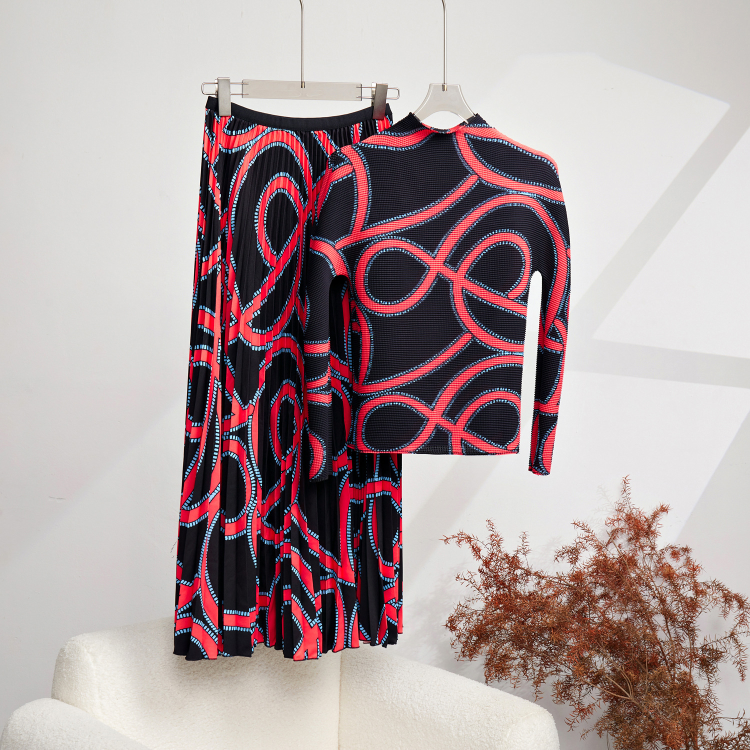 Two Piece Dress 2 Pieces Skirt Set Women Vintage Printing Turtleneck Fold Pleated T-shirt With Long Elastic Waist Skirts Ladies Clothing 2024