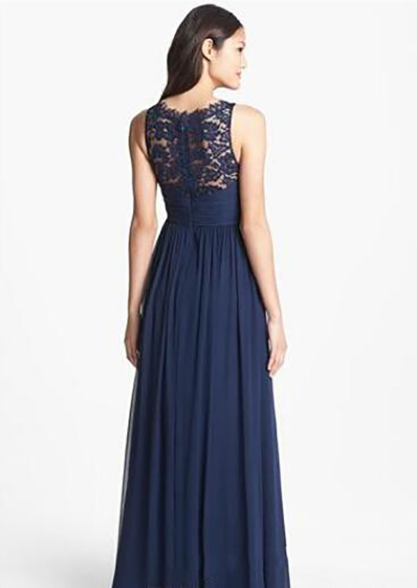2023 Navy Blue Bridesmaid Dresses Chiffon Long Floor Length Empire Waist Maid of Honor Jewel Neck Sheer Zipper Lace Back Honor Bridal Gowns