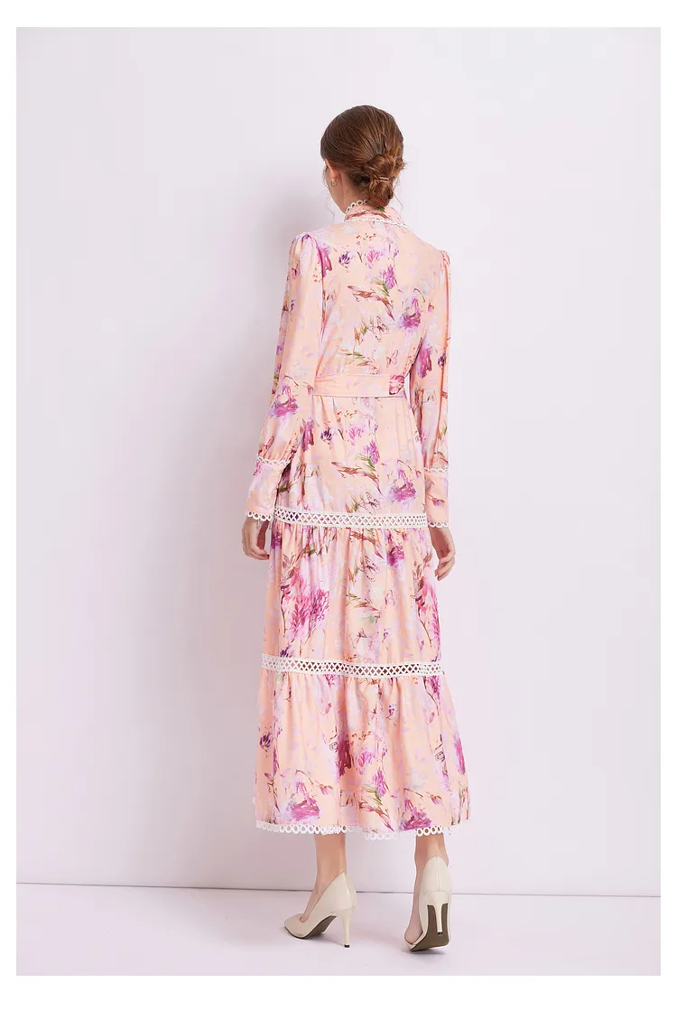 Basic Casual Dresses Fashion Runway Flower Print Shirt Dress Women Autumn Winter Lace Embroidery Hollow Out Lantern Sleeve Sashes Long