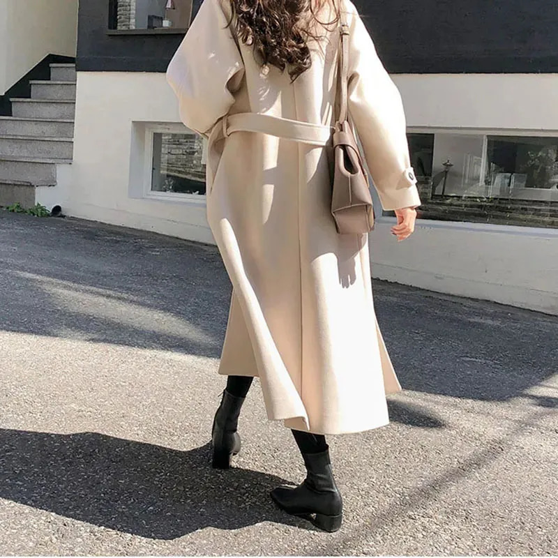 Womens Wool Blends Winter Korean Women Faux Woolen Coats Fashion Elegant Solid Belt Thickening Long Jacket Female Loose All Match Outwear 230928
