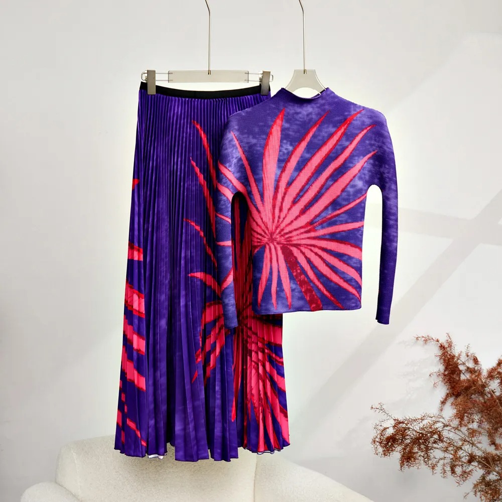 Two Piece Dress 2 Piece Sets Women Outfits Autumn Stretch Slimming Miyake Pleated Long Sleeve Vintage Printed Tops Long Skirt Suits 2024