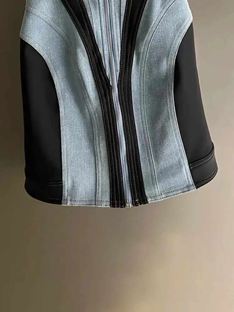 Basic Casual Dresses DEAT Women Denim Dress Sleeveless High Waist Patchwork Zipper Contrast Color Slim Strap 2023 Autumn Fashion 29L2908 231005