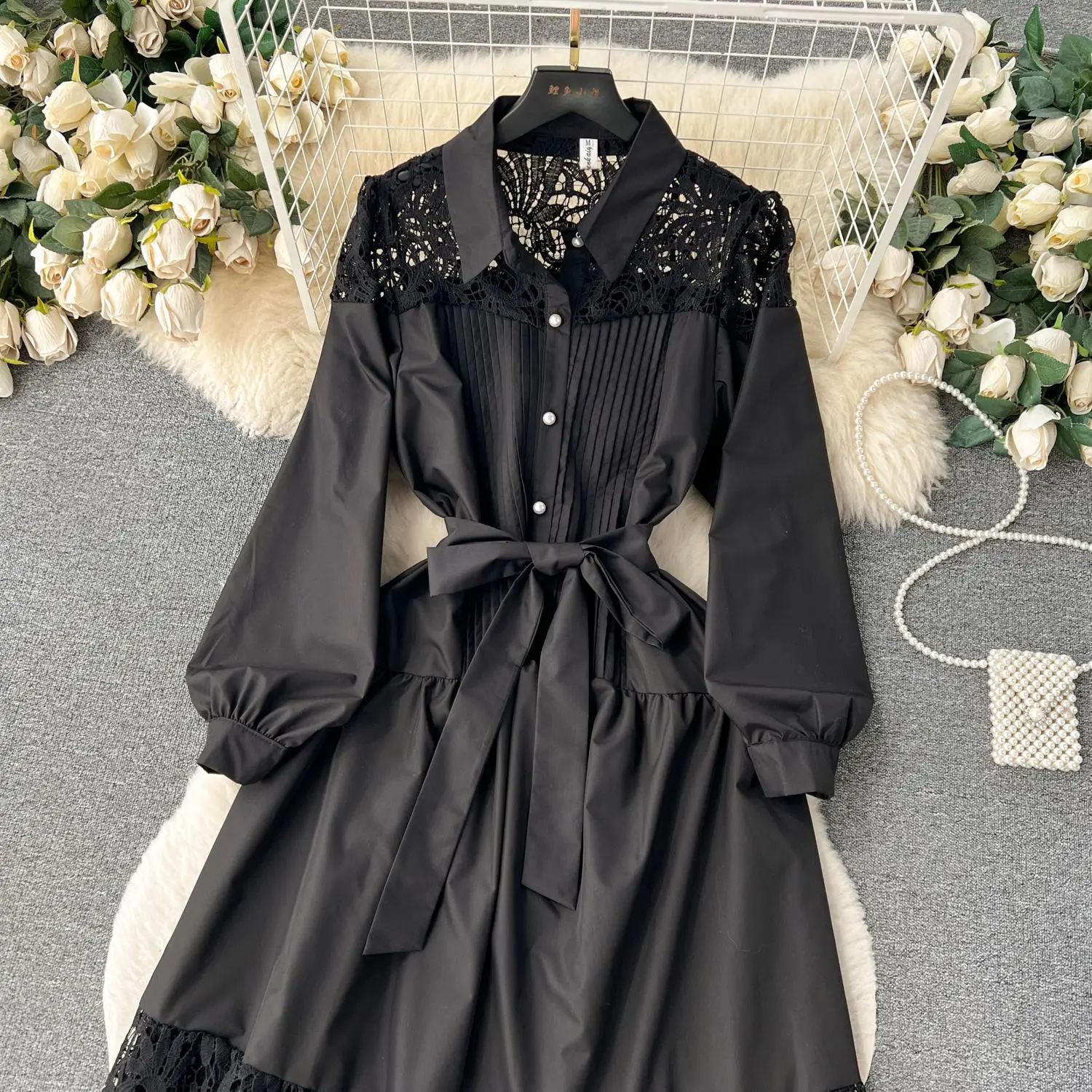 Basic Casual Dresses Runway Fashion Long Lace Dress Women Lapel Long Sleeve Embroidery Hollow Out Loose Belt Party Evening Dress Ladies Quality