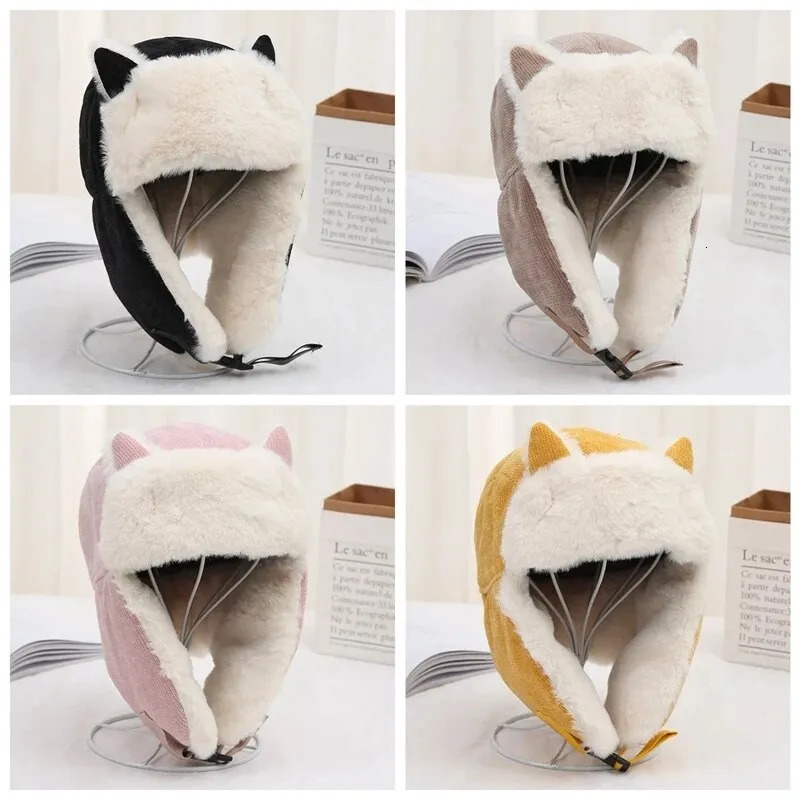 Beanie Skull Cap Warm Earmuffs Thicken Ear Flapped Hat Winter Cold Proof Cotton Cat Ears Cap Russian 231005