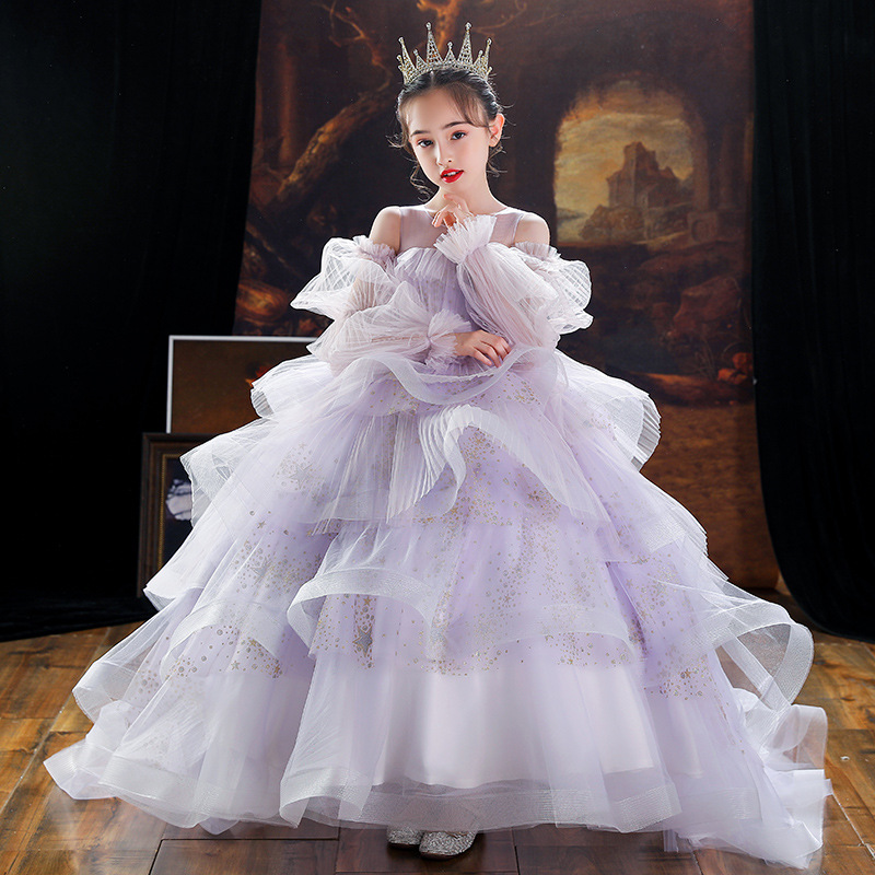Shiny Bling Flower Girl Dresses For Wedding Lace Applique Baby Birthday Party Dress Girls Ball Kid Clothes Sweep Train Pageant Weddding Gowns 403