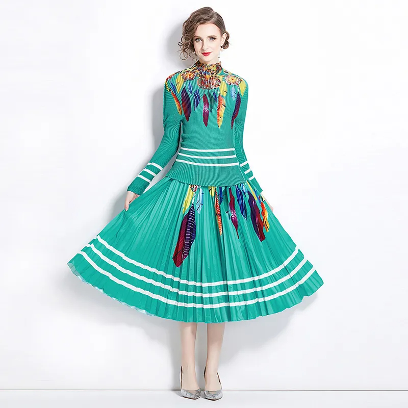 Two Piece Dress Pleated Floral Printed Office Lady Two Piece Set Women Turtleneck T-Shirt High Waist Skirt Suit Runway Autumn Outfits 2024