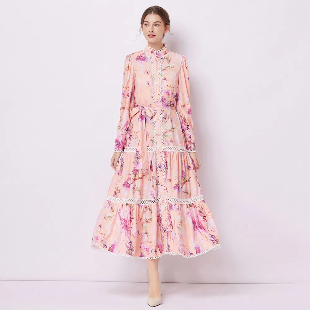 Basic Casual Dresses Fashion Runway Flower Print Shirt Dress Women Autumn Winter Lace Embroidery Hollow Out Lantern Sleeve Sashes Long