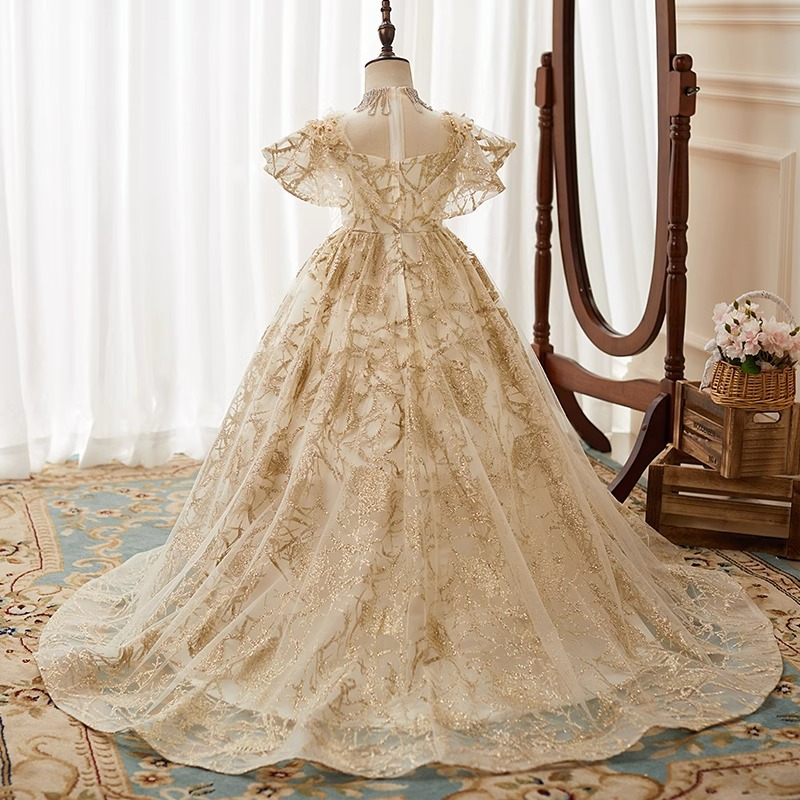 Gold Wer Girls Dress Appliques Crystals Feather Toddler Children Pageant Dresses Ball Gown Little Long Formal Kids Birthday Party Gowns 403 6660311