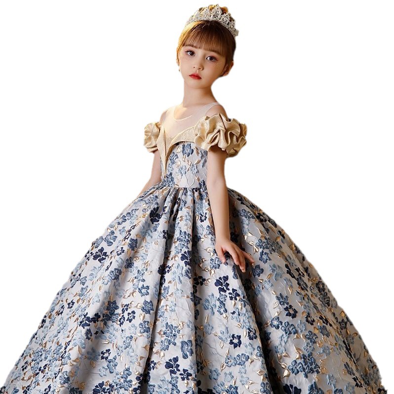 Gold Blue Wer Girl Dresses Off Shoulder Ball Gown Lace Appliques Beads Kids Girls Pageant Party Dress Shiny Bg 2-12 Years Birthday Gowns 403 6660311