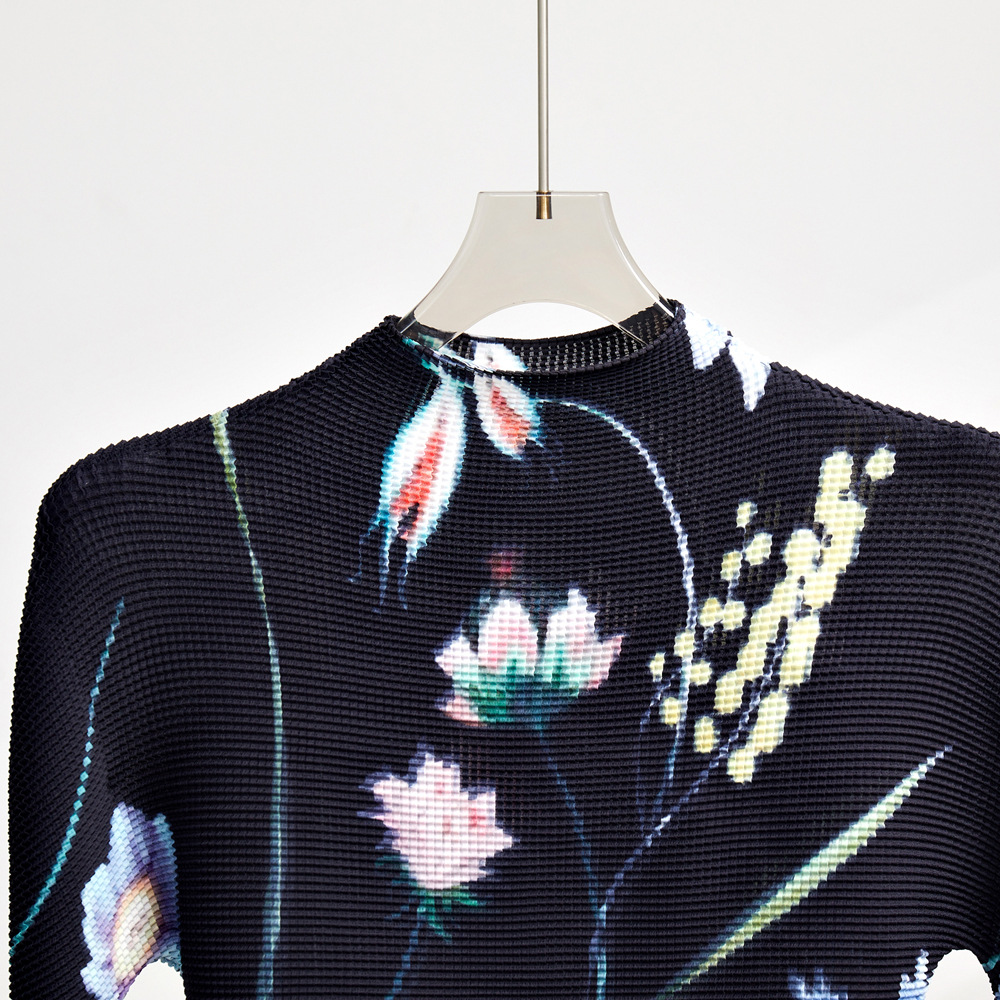 Two Piece Dress Spring Autumn Runway 2 Pieces Sets Women's Turtleneck Flower Print Stretch Pullover Top Long Pleated Skirt Suit Female Outfits 20