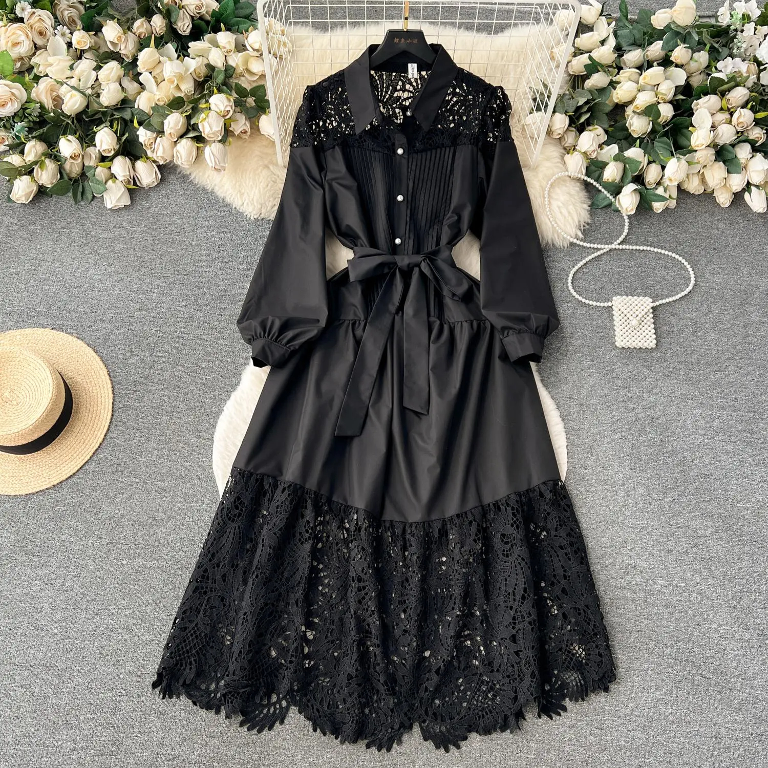 Basic Casual Dresses Runway Fashion Long Lace Dress Women Lapel Long Sleeve Embroidery Hollow Out Loose Belt Party Evening Dress Ladies Quality