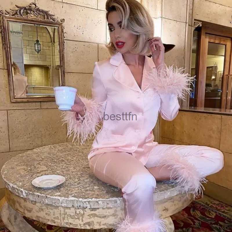 Women's Sleep Lounge Women's Pajama Suit Solid Color Lapel Top Feather Trousers Two Piece Set Female Fashion Sleepwear Casual Home ClothingL
