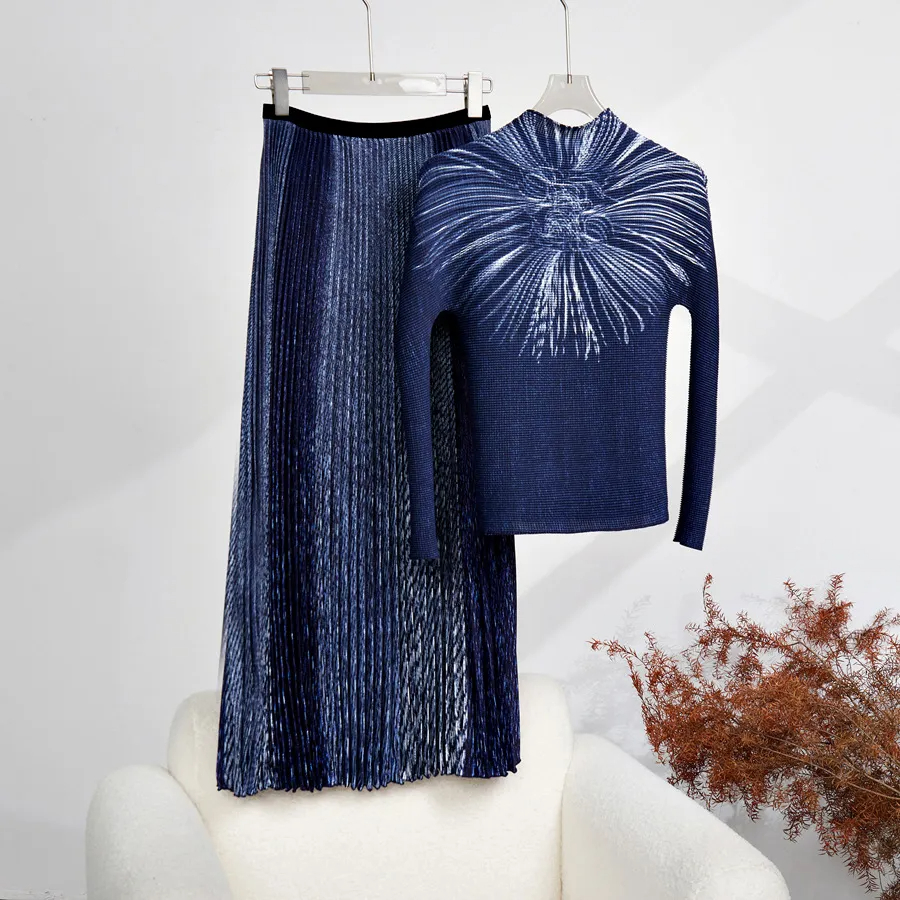 Two Piece Dress Autumn Runway Two Piece Skirt Suit Women Flower Print High Stretchy Pullovers Top Pleated Midi Skirts Casual Street Set Outfit 2024