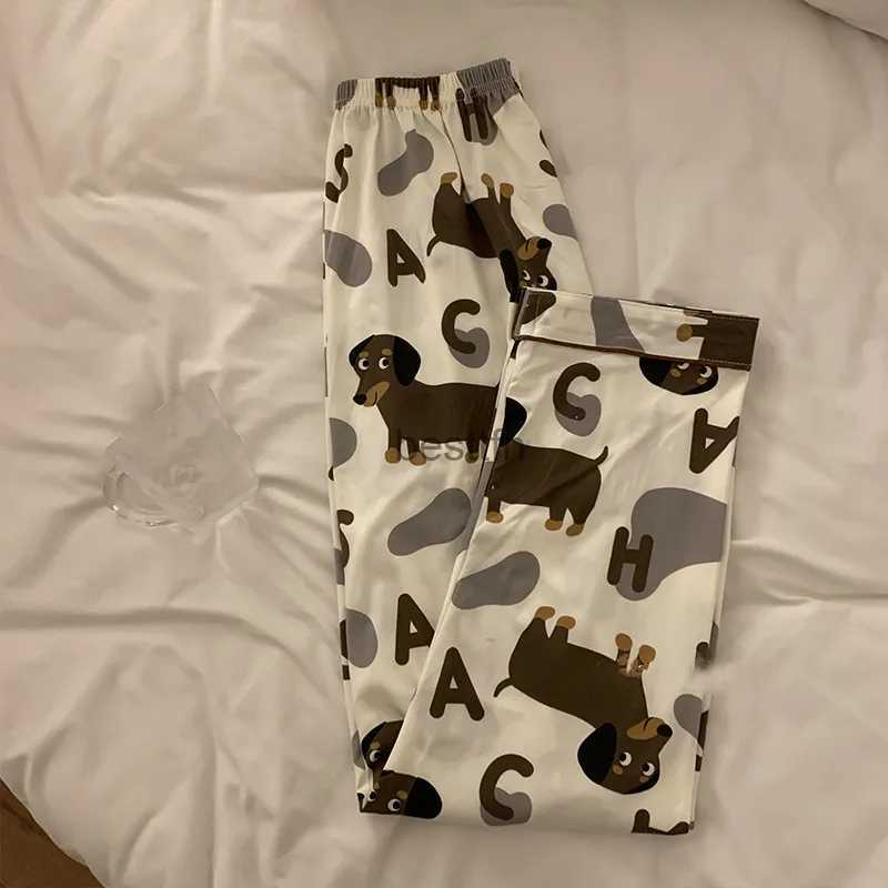 Women's Sleep Lounge Spring Summer 2024 Cute Women's Pajamas Set Dachshund Print Cotton Two Pieces Short Sleeve Tops Full Length Pants Sleep
