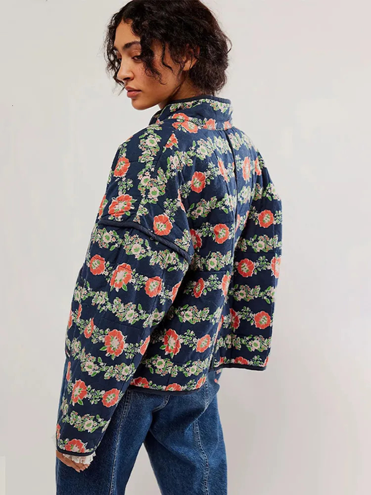 Women s Down Parkas Floral Thick Jacket Women Print Patchwork Warm Pocket Female Cotton Coat 2023 Autumn Winter Fashion Loose Casual Lady Overcoat 231