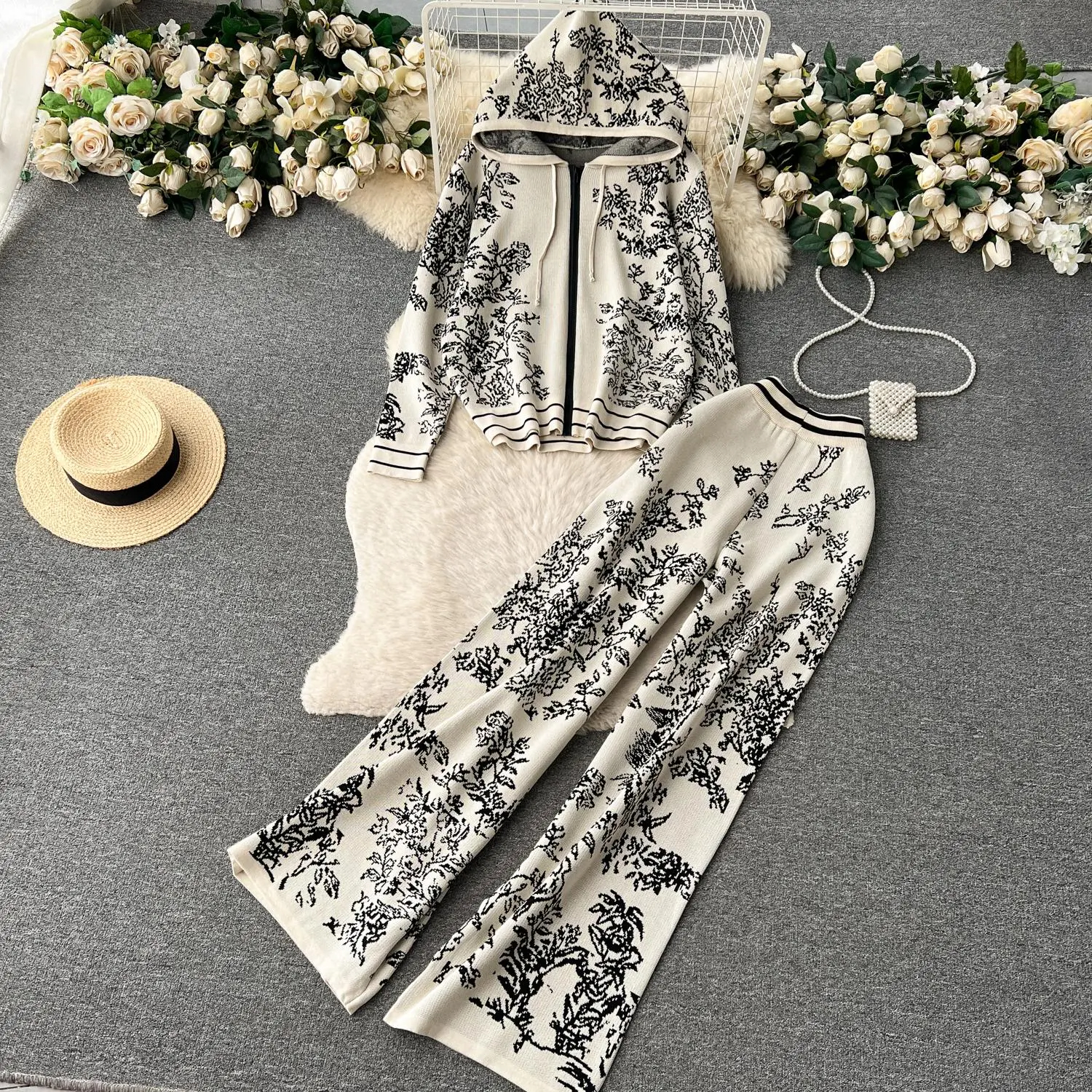 Womens Two Piece Pants Autumn Women Tracksuit Hooded Zipper Knitted Cardigans Sweater High Elastic Waist Wide Leg Trousers Suit 2 Piece Set