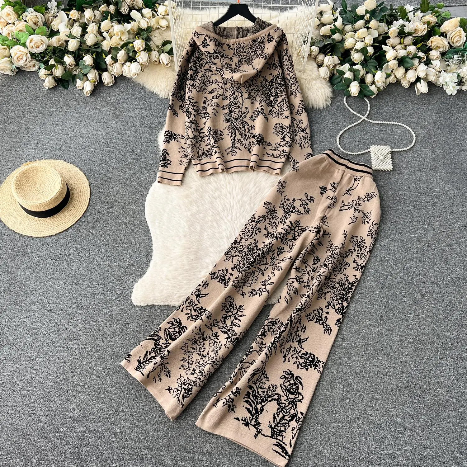 Womens Two Piece Pants Autumn Women Tracksuit Hooded Zipper Knitted Cardigans Sweater High Elastic Waist Wide Leg Trousers Suit 2 Piece Set