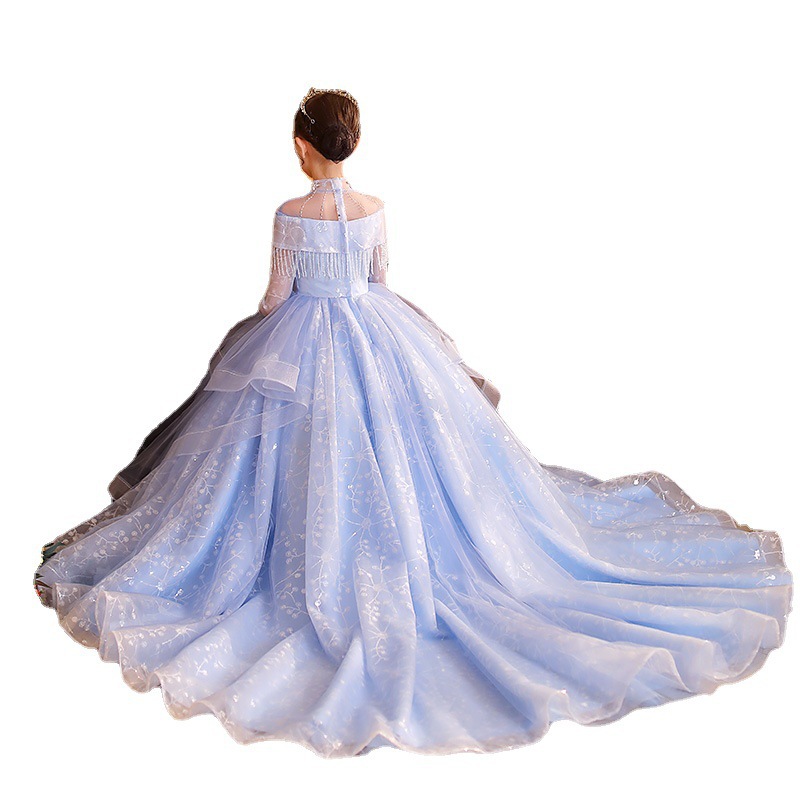 Adorable Blue Ball Gown Flower Girl Princess Lace Appliques High Neck Party Toddler Childrens Pageant Dresses Little Kids Birthday Dress 403