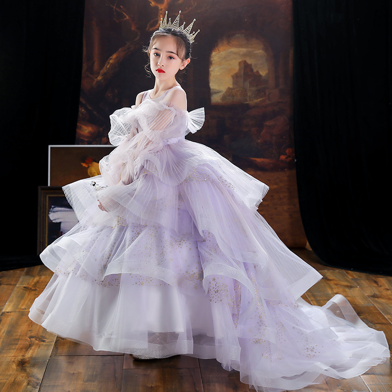 Shiny Bling Flower Girl Dresses For Wedding Lace Applique Baby Birthday Party Dress Girls Ball Kid Clothes Sweep Train Pageant Weddding Gowns 403