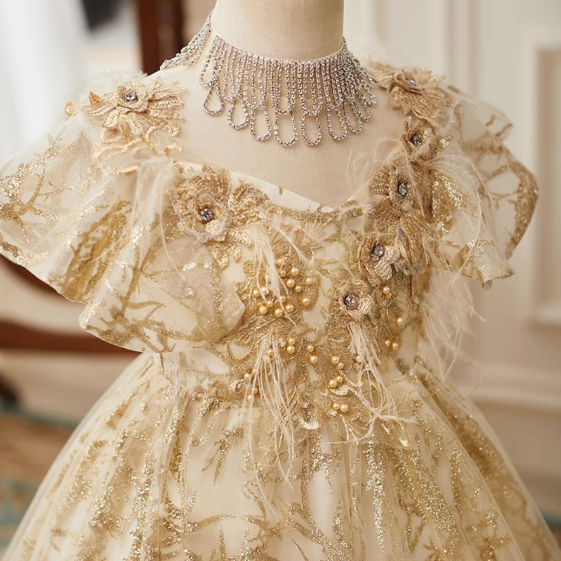 Gold Wer Girls Dress Appliques Crystals Feather Toddler Children Pageant Dresses Ball Gown Little Long Formal Kids Birthday Party Gowns 403 6660311