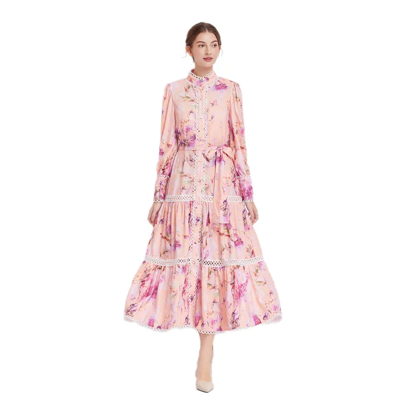 Basic Casual Dresses Fashion Runway Flower Print Shirt Dress Women Autumn Winter Lace Embroidery Hollow Out Lantern Sleeve Sashes Long