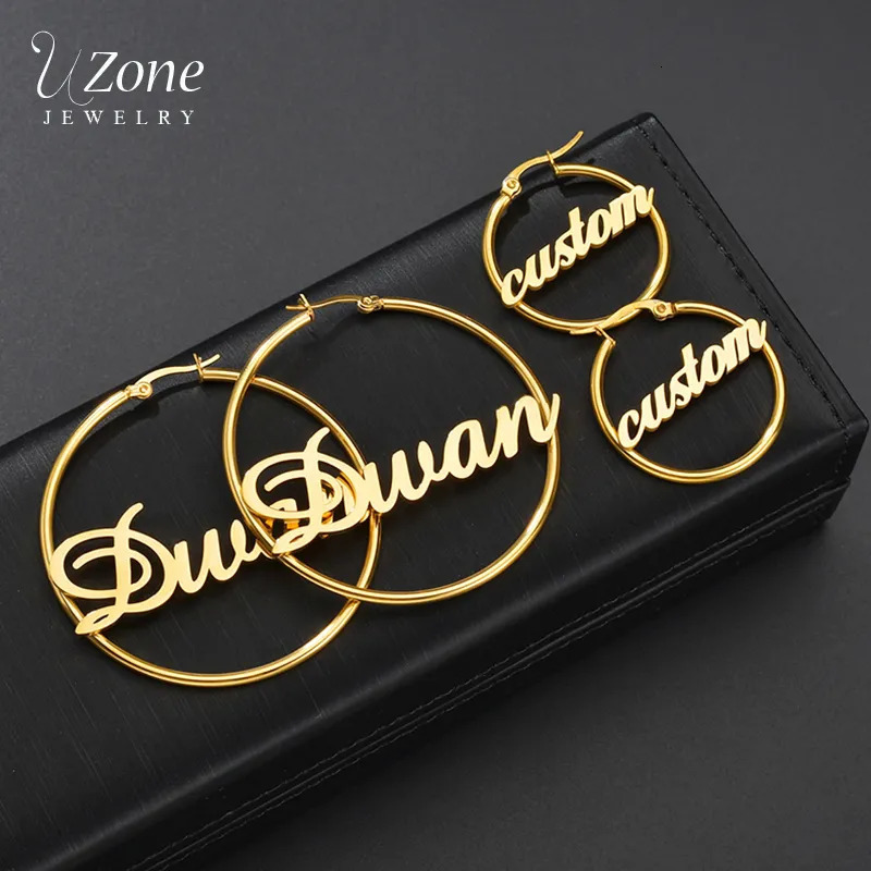 Hoop Huggie UZone 1 Pair Stainless Steel Custom Name Earrings Personalized Letter Circle Earring For Women Girls Birthday Party Jewelry 231005