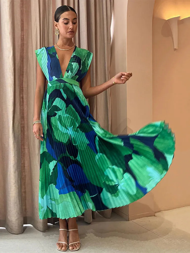 Basic Casual Dresses Elegant V neck Print Long Sleeve Dress For Women Patchwork Split Maxi 2023 Summer Autumn Chic Vacation Holiday Vestidos 231005