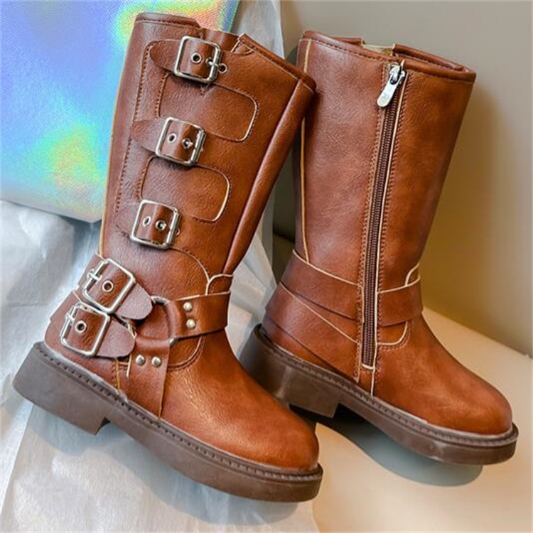 Fashion Kids Boots Autumn Girls Side Zipper Thigh Boot Childrens Flat Heels Boots Soft Sole Baby Booties Princess Leather Shoes